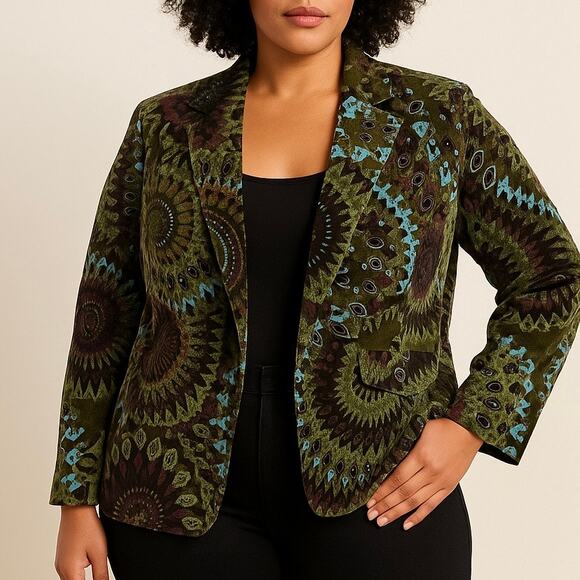 Vintage Size XL Velvet Mandala Pattern Blazer Jacket Fall Green Blue Holiday - Picture 1 of 13